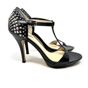 Isola Ivalee Gold Stud Black Leather T Strap Heels Dress‎ Evening Prom Size 6.5M